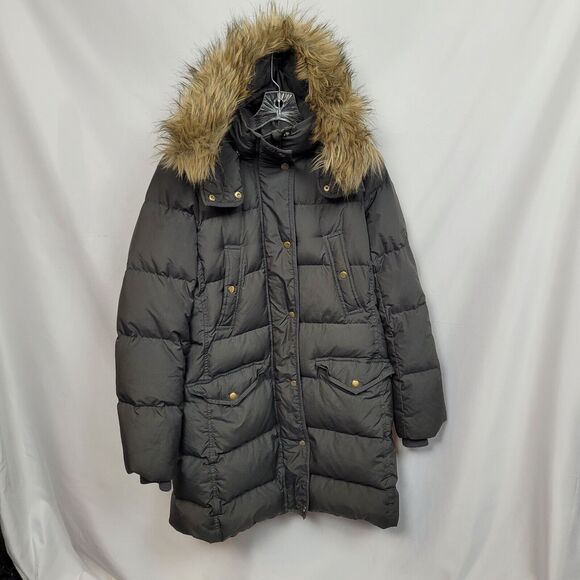 J. Crew Womens Wintress Faux Fur Trim Hooded Winter Puffer Coat Brown Size M - Picture 3 of 16